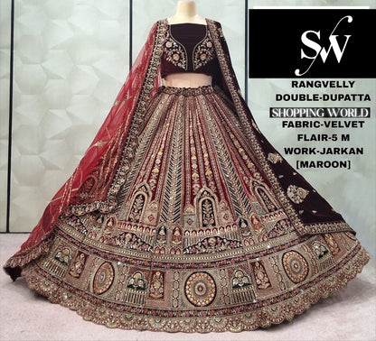 Embellished Maroon Double Duptta Velvet Bridal Lehenga