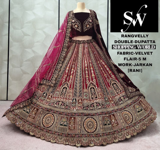 Something different Rani pink maroon Double Duptta Velvet Bridal Lehenga