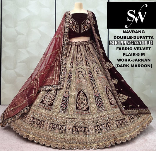 Engaging Dark maroon Double Duptta Velvet Bridal Lehenga