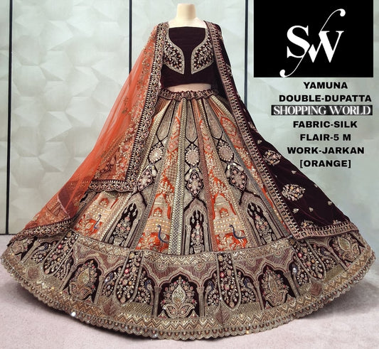 Charming orange maroon peacock Double Duptta Velvet Bridal Lehenga
