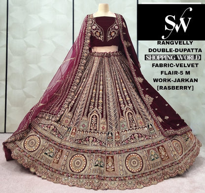 Embellished Maroon Double Duptta Velvet Bridal Lehenga