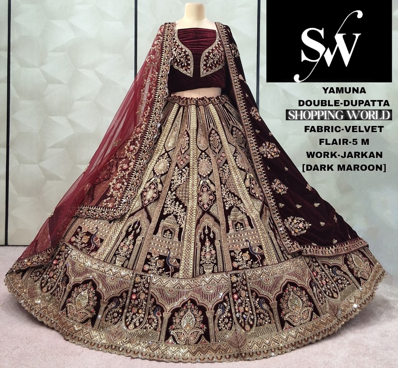 Majestic Dark maroon peacock Double Duptta Velvet Bridal Lehenga