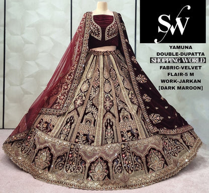 Majestic Dark maroon peacock Double Duptta Velvet Bridal Lehenga