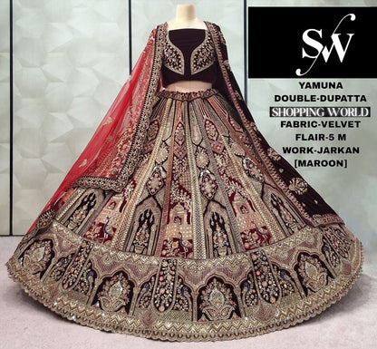 Majestic Dark maroon peacock Double Duptta Velvet Bridal Lehenga