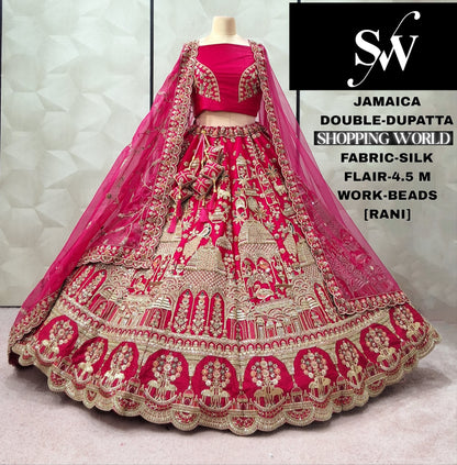 Gorgeous Rani pink Peacock Double Duptta Silk Bridal lehenga