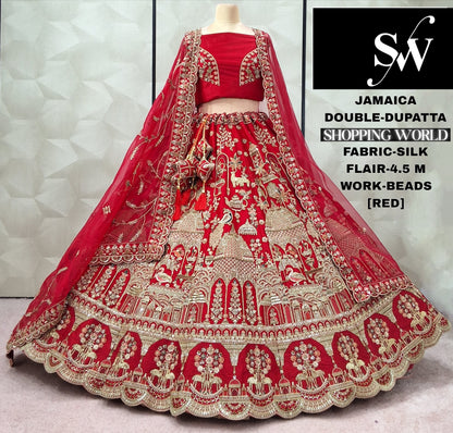 Gorgeous Rani pink Peacock Double Duptta Silk Bridal lehenga