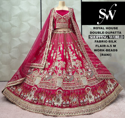 Attractive Rani pink Peacock Double Duptta Silk Bridal lehenga