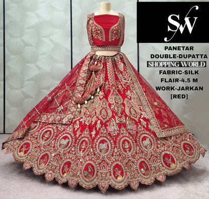 Glamorous red Double Duptta Silk Bridal lehenga