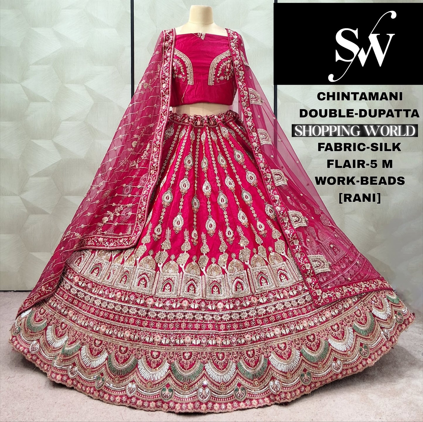 Majestic Rani pink Double Duptta 5 metre flair Silk Bridal lehenga