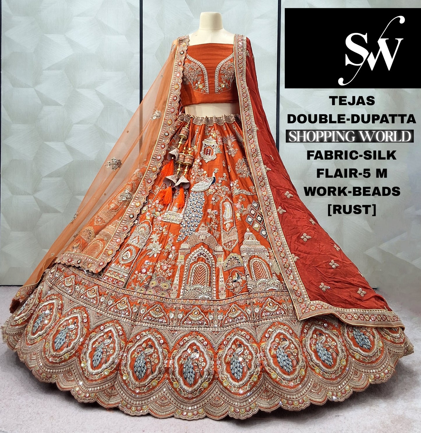 Fabulous Rani pink peacock Double Duptta Silk Bridal lehenga
