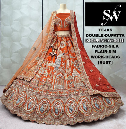 Fabulous Rani pink peacock Double Duptta Silk Bridal lehenga
