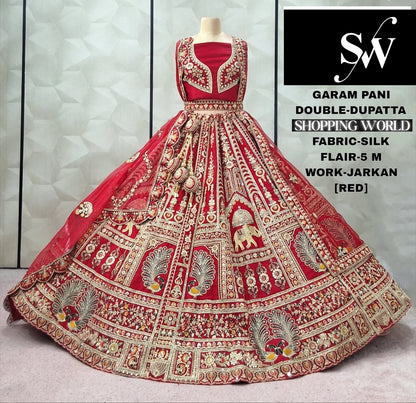 Pretty Red Peacock Double Duptta 5 metre flair Silk Bridal lehenga