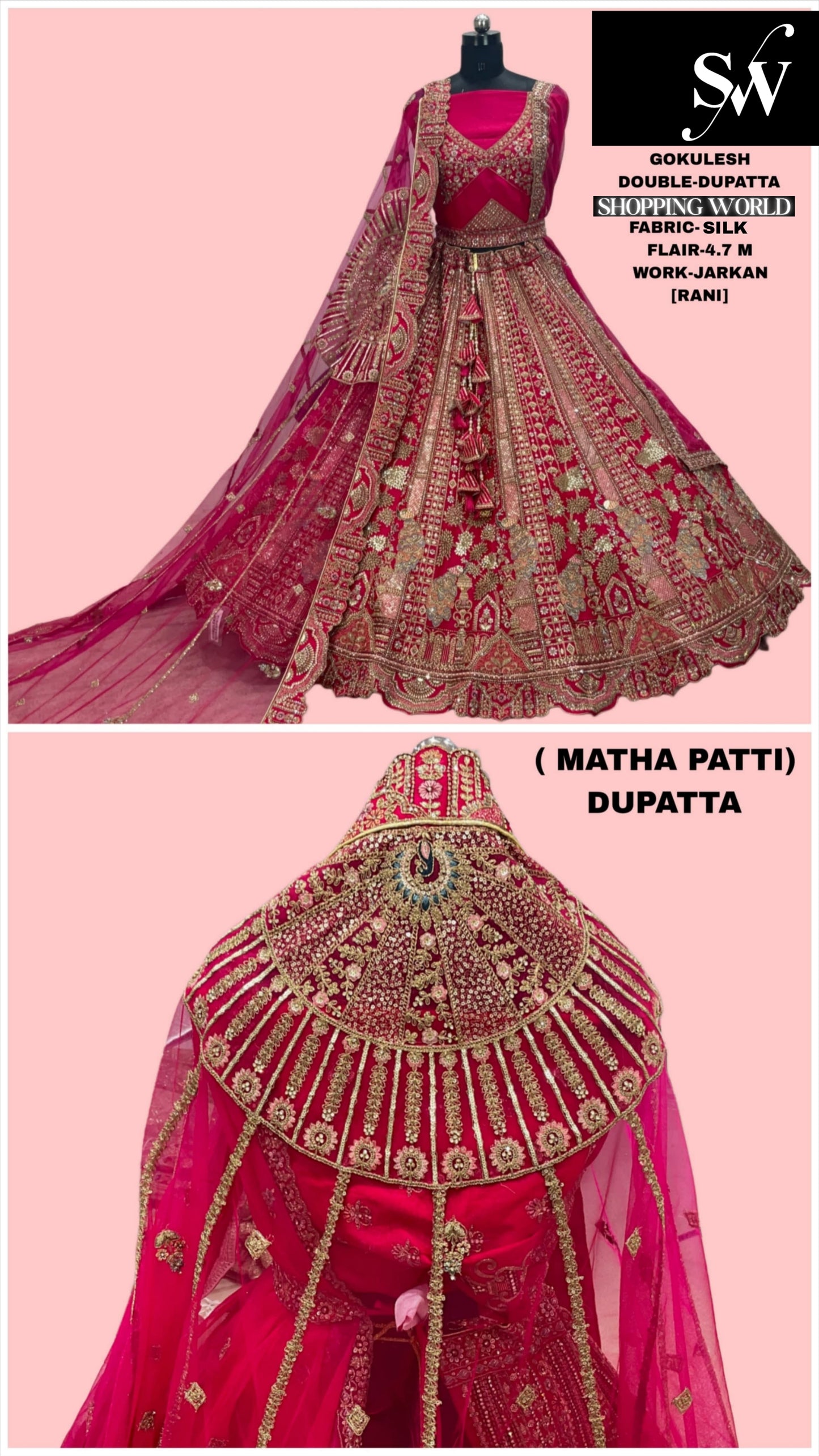 Stunning Rani pink peacock Double Tail Dupatta Silk Bridal lehenga