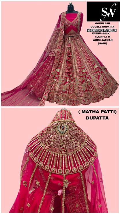 Stunning Rani pink peacock Double Tail Dupatta Silk Bridal lehenga