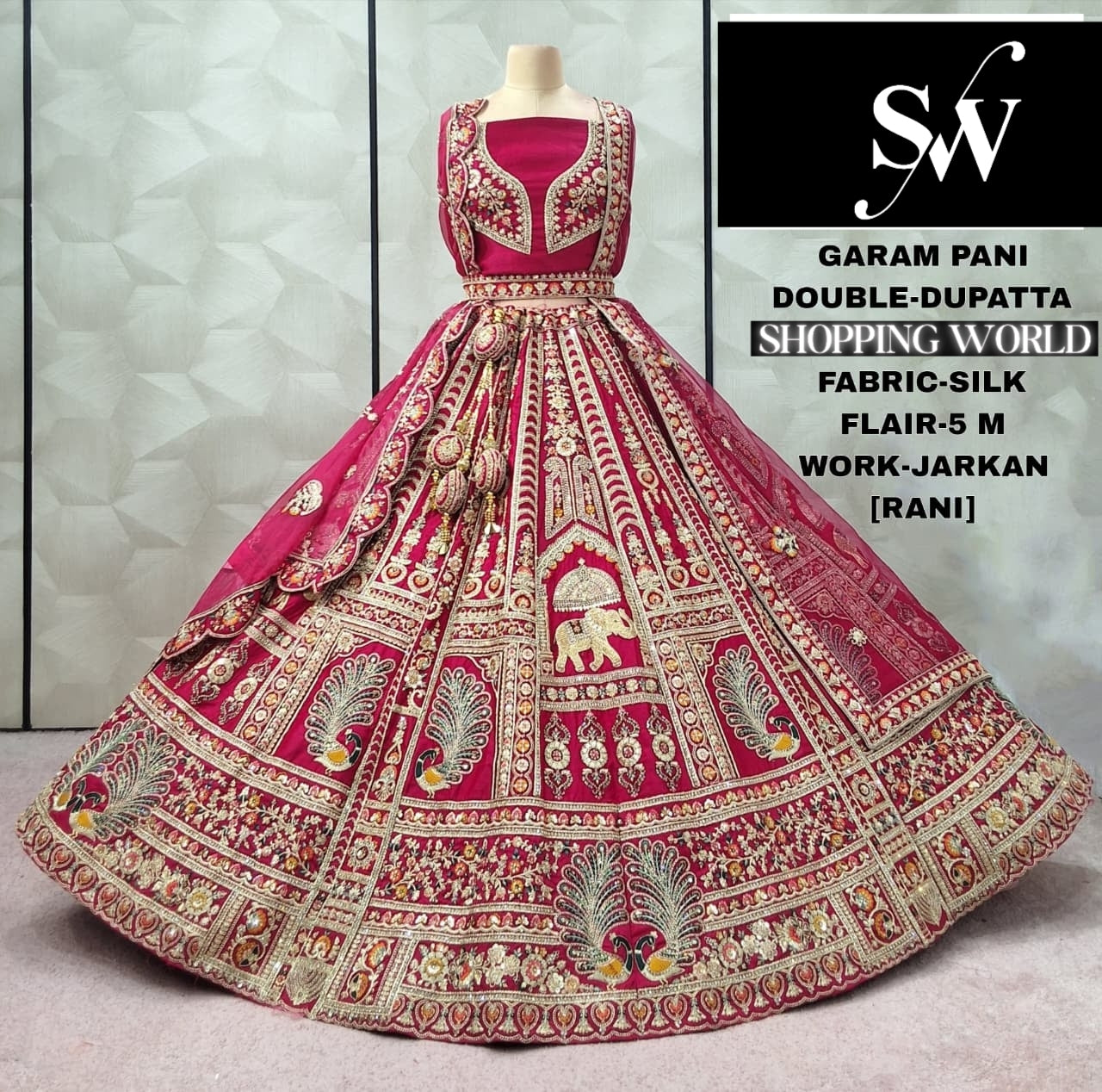Pretty Red Peacock Double Duptta 5 metre flair Silk Bridal lehenga