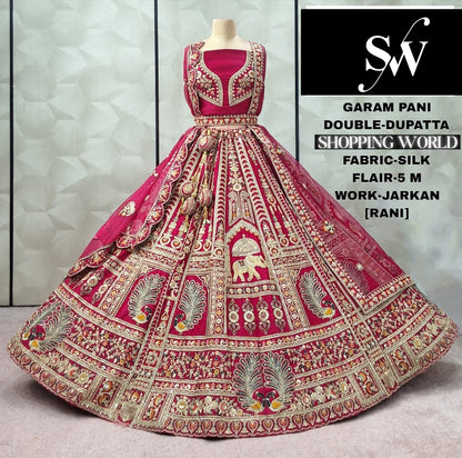 Pretty Red Peacock Double Duptta 5 metre flair Silk Bridal lehenga
