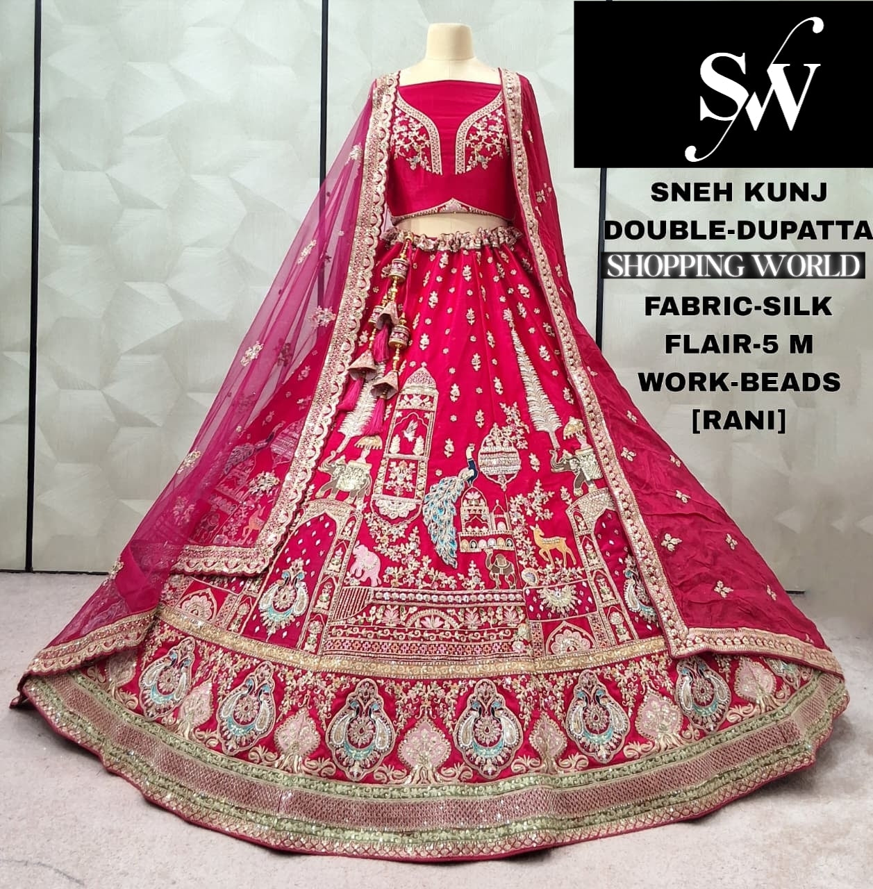 Tremendous Rani pink peacock Double Duptta Silk Bridal lehenga