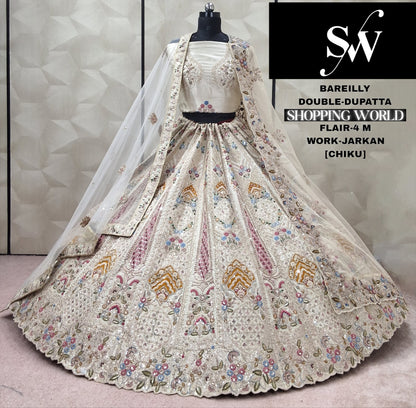 Fantastic Chiku white Double Duptta Silk Bridal lehenga