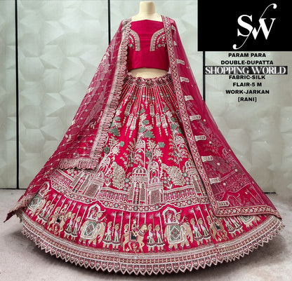 Engaging Red peacock Double Duptta Silk Bridal lehenga
