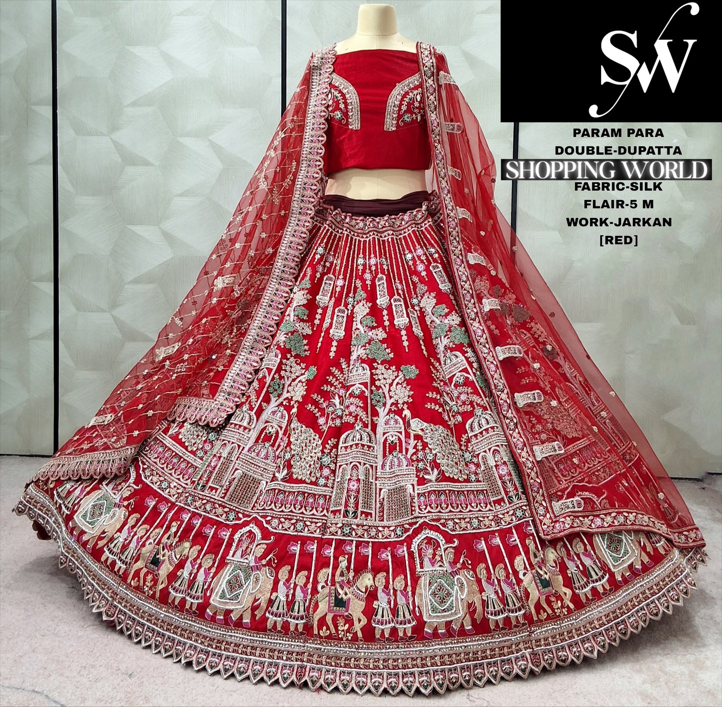 Engaging Red peacock Double Duptta Silk Bridal lehenga