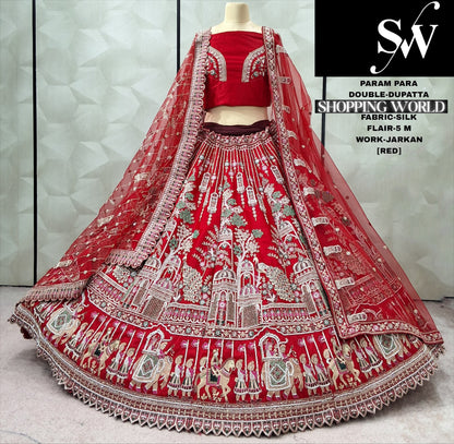 Engaging Red peacock Double Duptta Silk Bridal lehenga