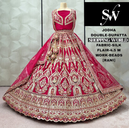Embellished Rani pink Double Duptta Silk Bridal lehenga
