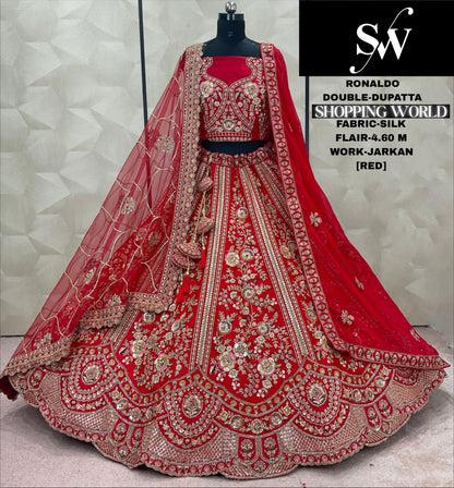 Eye Catching Red Double Duptta Silk Bridal lehenga