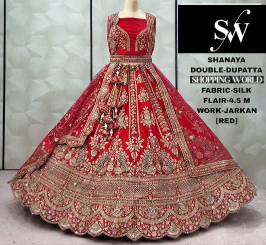 Pleasing Red Double Duptta Silk peacock Bridal lehenga