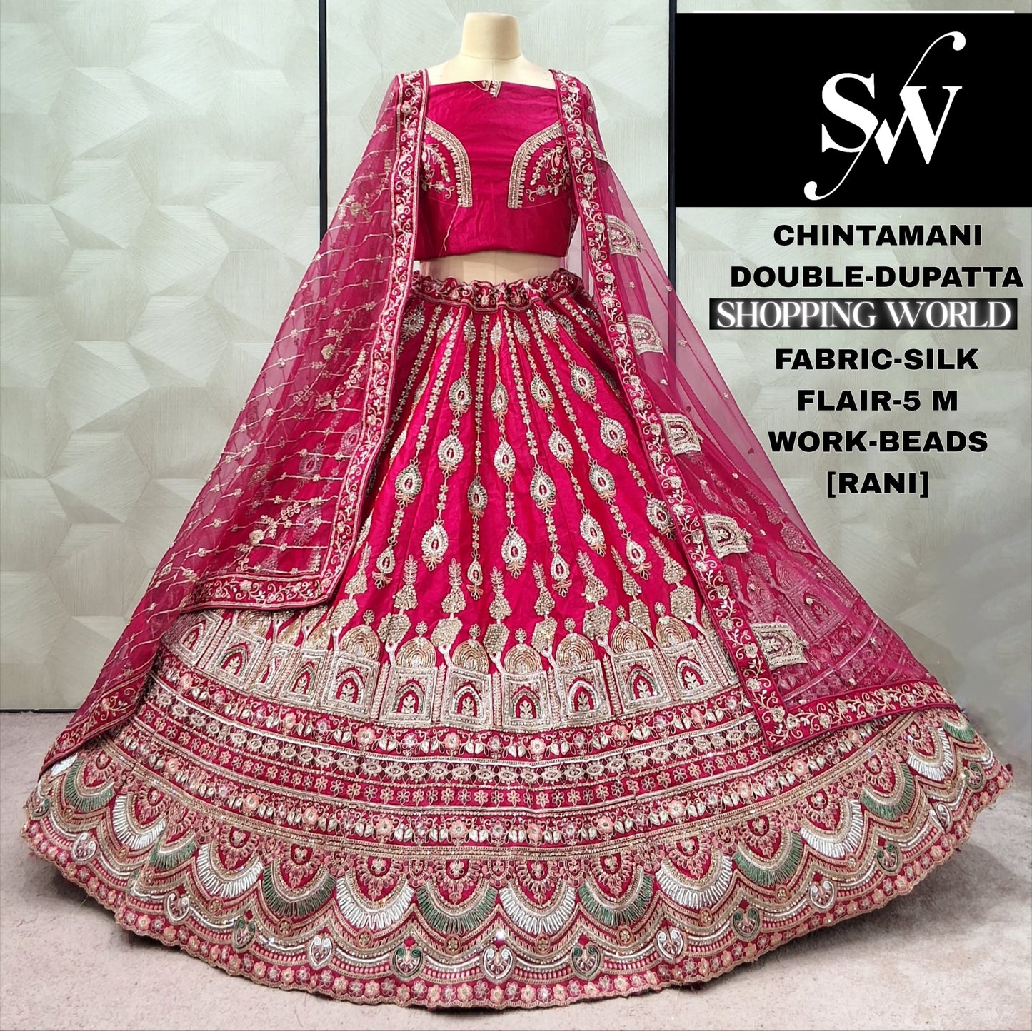 Majestic Rani pink Double Duptta 5 metre flair Silk Bridal lehenga