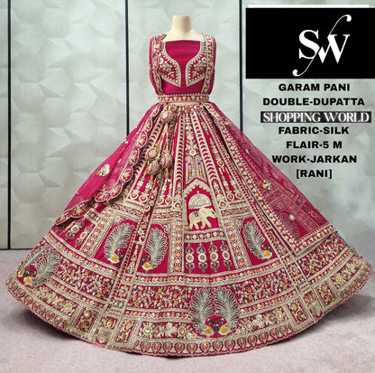 Pretty Red Peacock Double Duptta 5 metre flair Silk Bridal lehenga