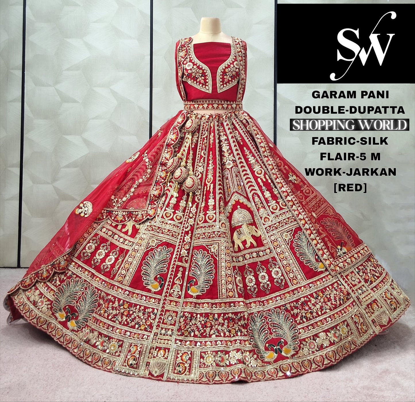 Pretty Red Peacock Double Duptta 5 metre flair Silk Bridal lehenga