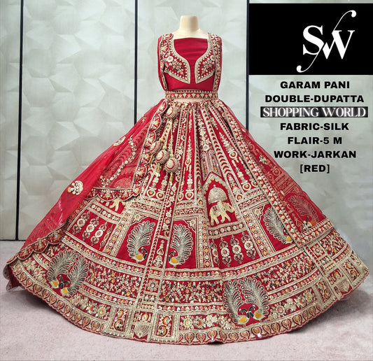 Pretty Red Peacock Double Duptta 5 metre flair Silk Bridal lehenga