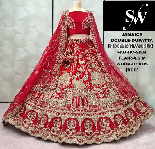 Glamorous Red Peacock Double Duptta Silk Bridal lehenga