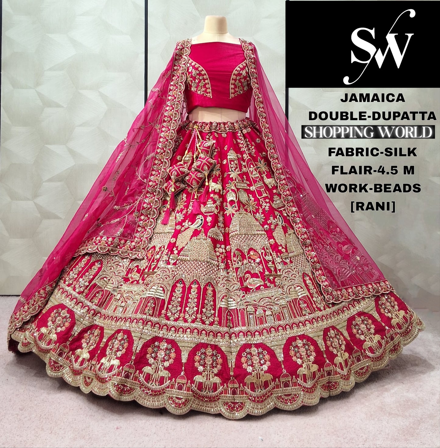 Gorgeous Rani pink Peacock Double Duptta Silk Bridal lehenga