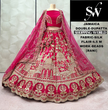 Gorgeous Rani pink Peacock Double Duptta Silk Bridal lehenga