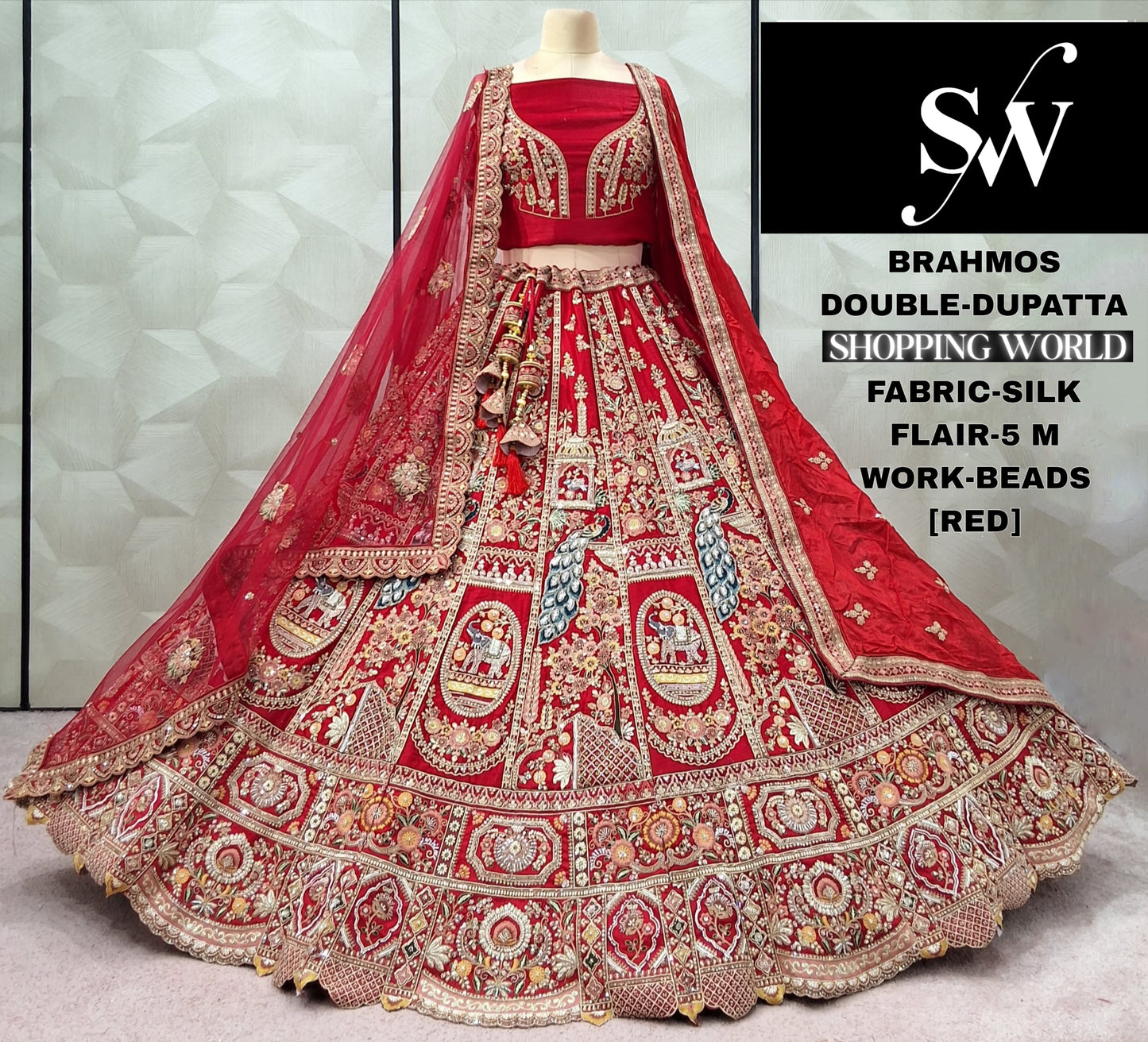 Amazing Red peacock Silk Double Duptta Bridal lehenga