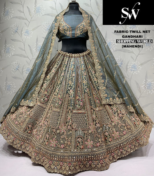 Fabulous mehendi green Twill Net Lehenga