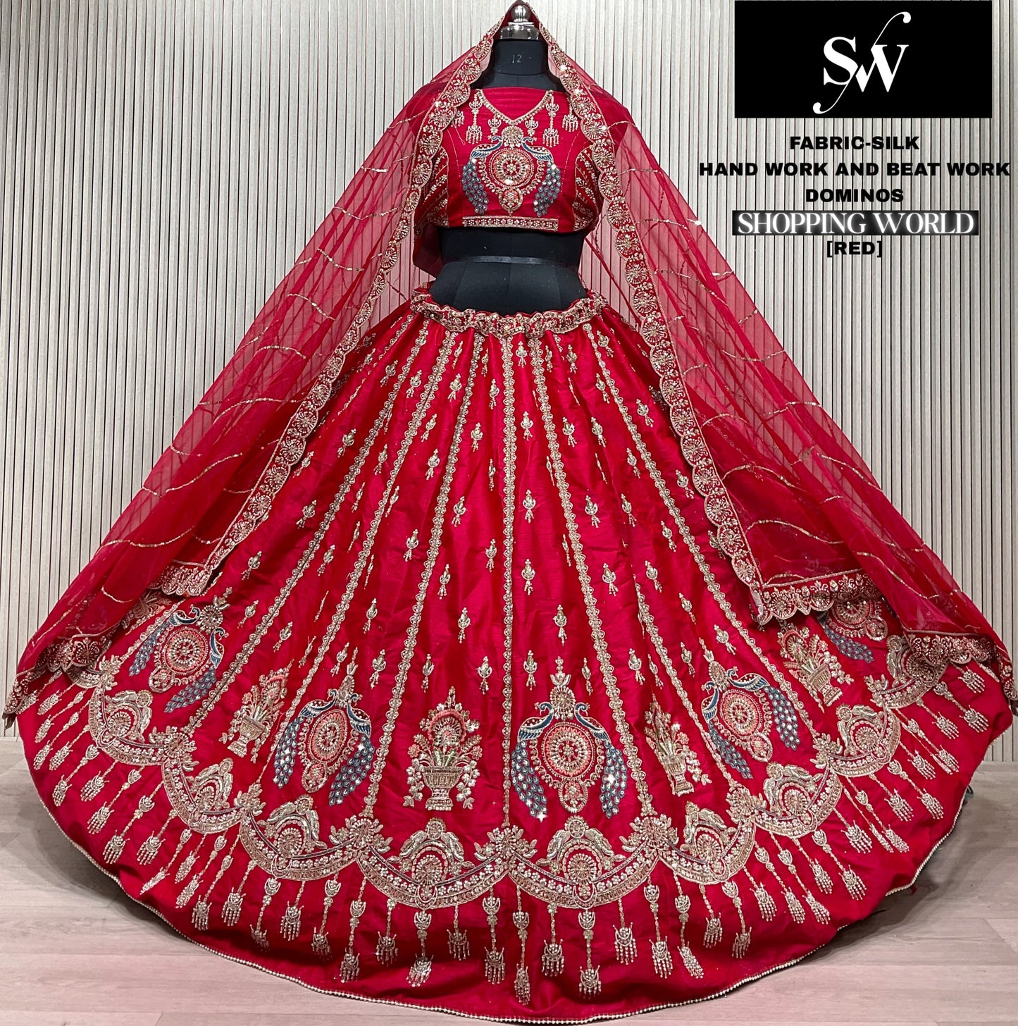 Embellished Red peacock Silk Bridal Lehenga