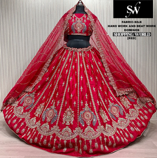 Embellished Red peacock Silk Bridal Lehenga