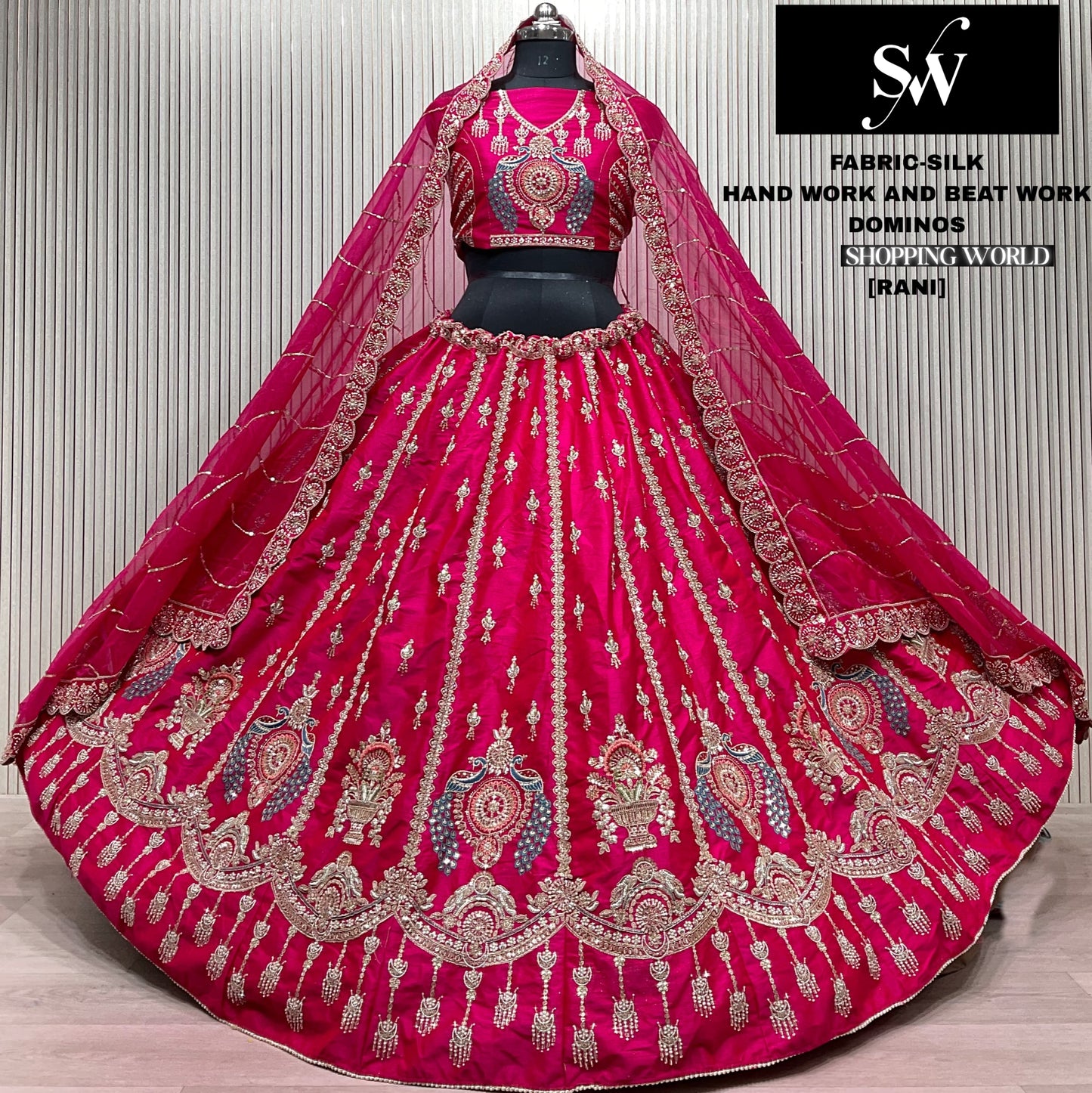 Embellished Red peacock Silk Bridal Lehenga
