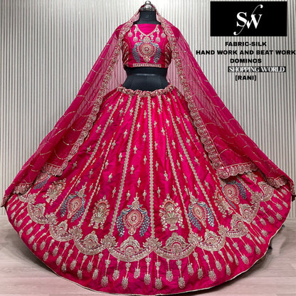 Embellished Red peacock Silk Bridal Lehenga
