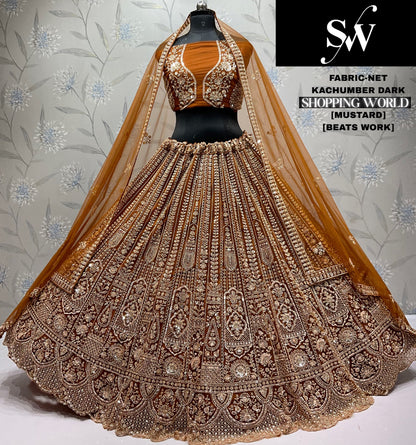 Embellished Mustard Beats work Net Lehenga