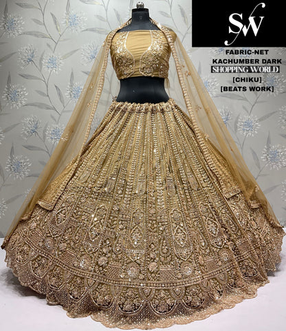 Embellished Mustard Beats work Net Lehenga