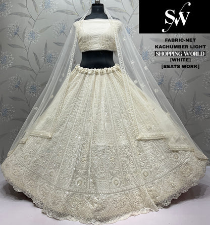 Glamorous White Beats Work Net Lehenga