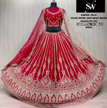 Gorgeous Red Hand & Beat Work Double Duptta Silk Bridal Lehenga
