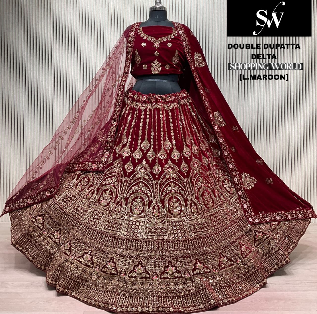 Something different Double Duptta Dark maroon Bridal Lehenga