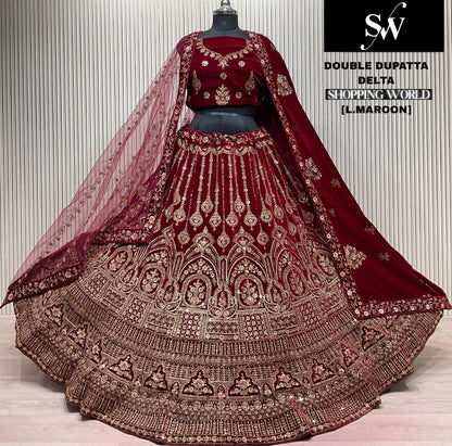 Something different Double Duptta Dark maroon Bridal Lehenga