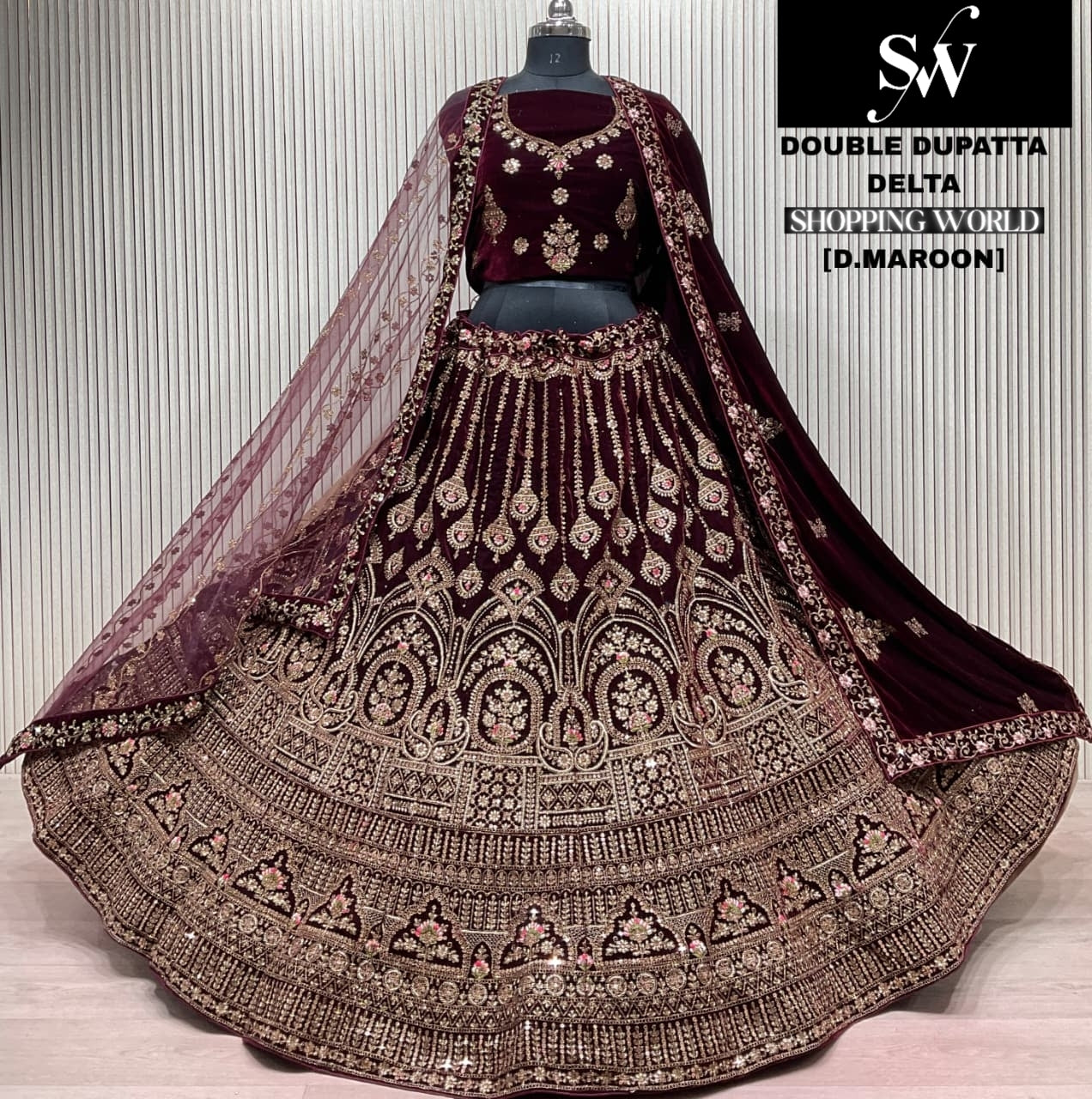 Something different Double Duptta Dark maroon Bridal Lehenga