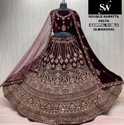 Something different Double Duptta Dark maroon Bridal Lehenga