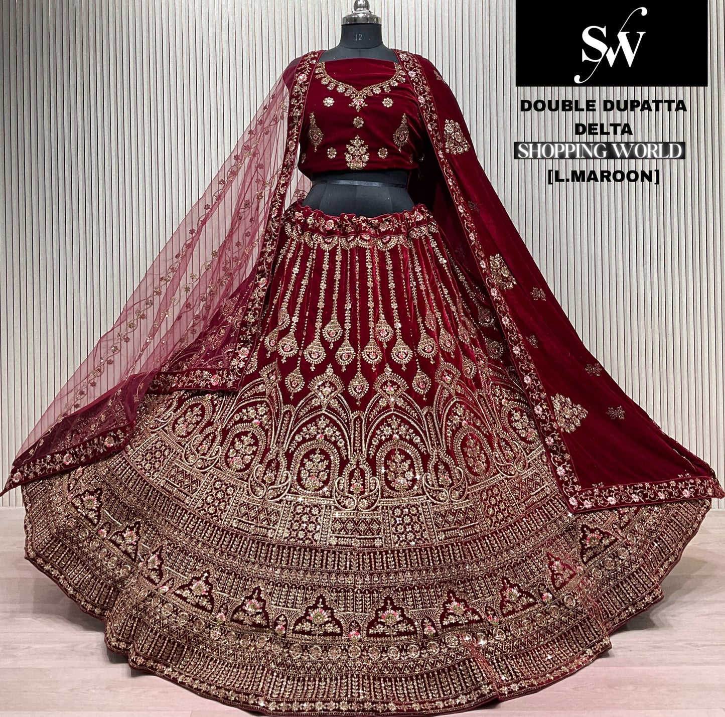 Something different Double Duptta Dark maroon Bridal Lehenga